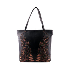 Laser Cut Genuine Leather Women Black Waxy HandBag