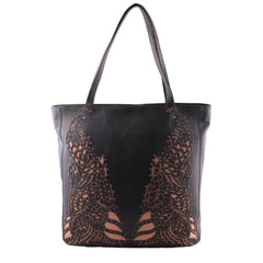 Laser Cut Genuine Leather Women Black Waxy HandBag - WeMe
