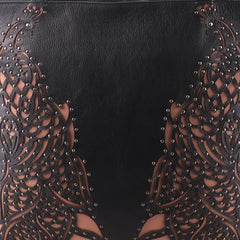 Laser Cut Genuine Leather Women Black Waxy HandBag - WeMe