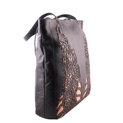 Laser Cut Genuine Leather Women Black Waxy HandBag - WeMe
